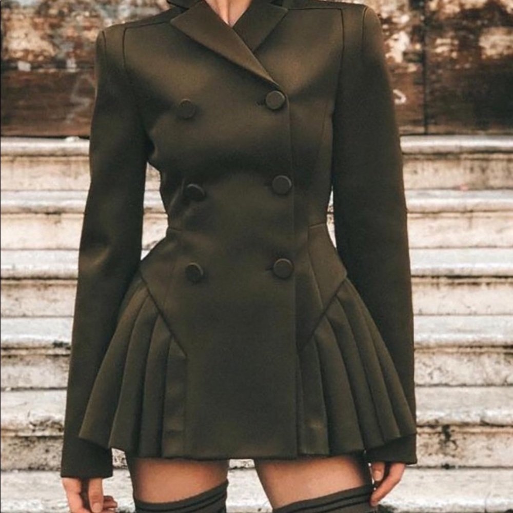 Double Breast Pleated Blazer Dress in Army Green